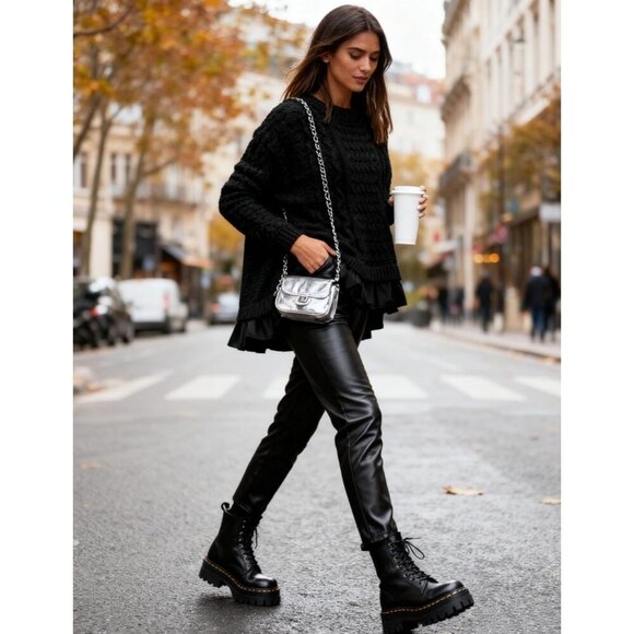 Women's Cable Knit Sweater Dress Ruffle Hem Mini Dresses Long Sleeves Black - Picture 5 of 6